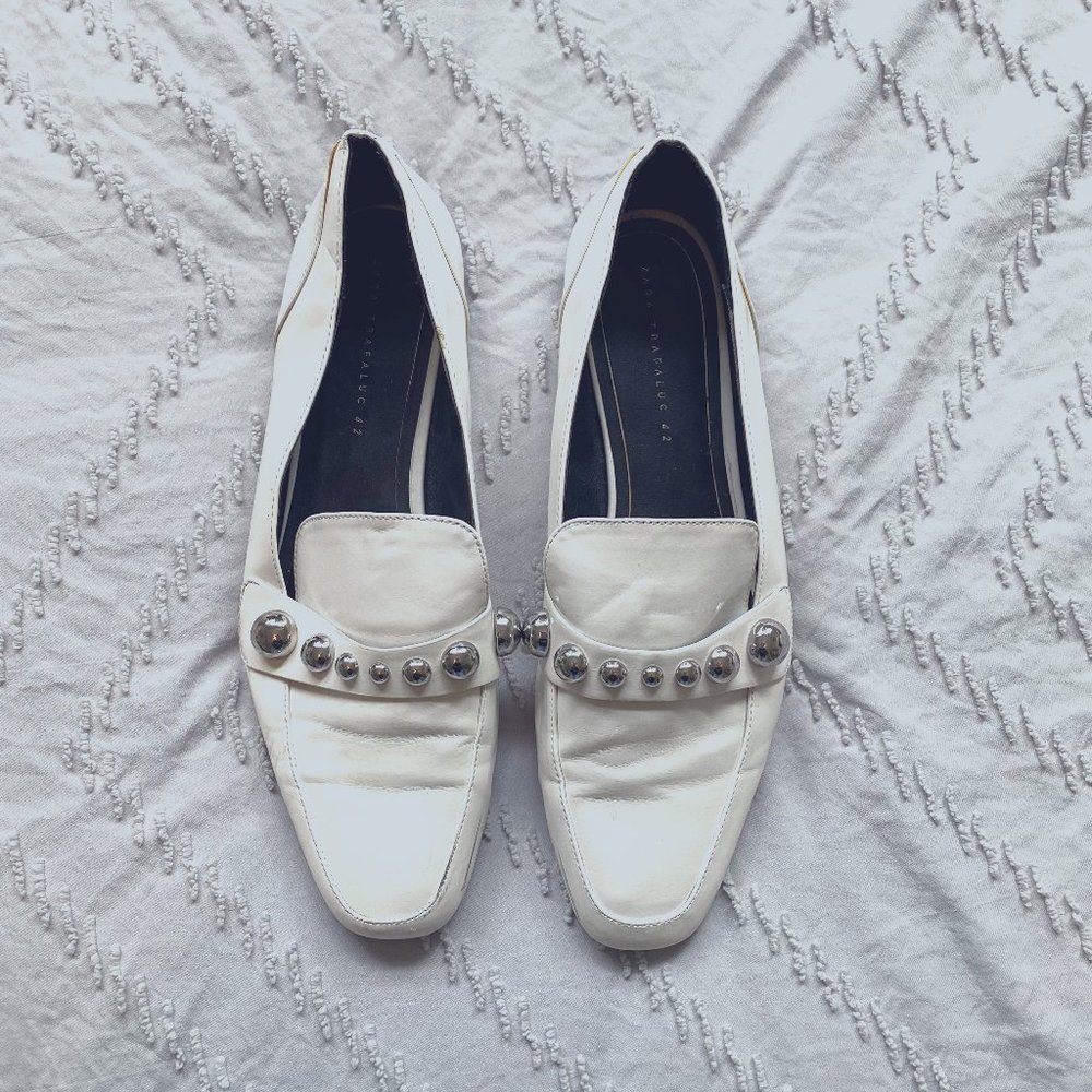 Zara White Beaded Loafers (Size: 42)